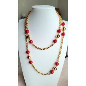 Vintage Monet 35” Long Station Necklace Red & Gold Beads